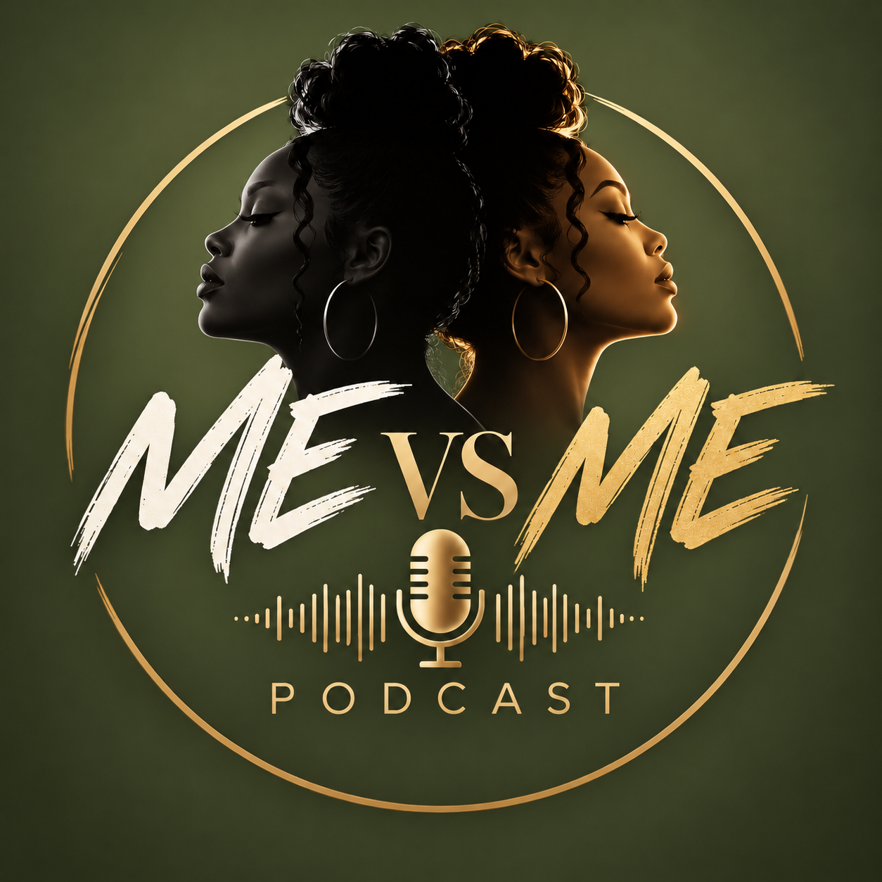 Me vs Me Podcast logo with mirrored profiles and a gold microphone